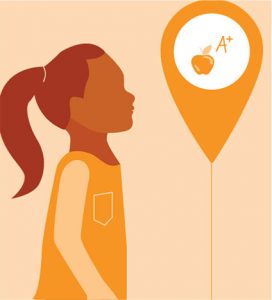 A young girl looks at a balloon with an apple and A+ on it, hoping to successfully achieve her goal.