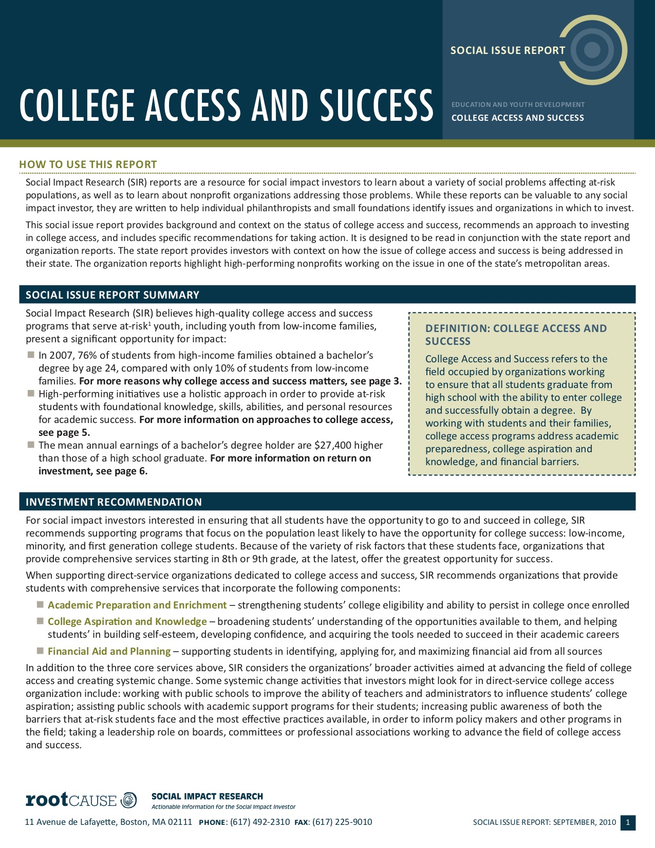 College Access and Success: Social Issue Report