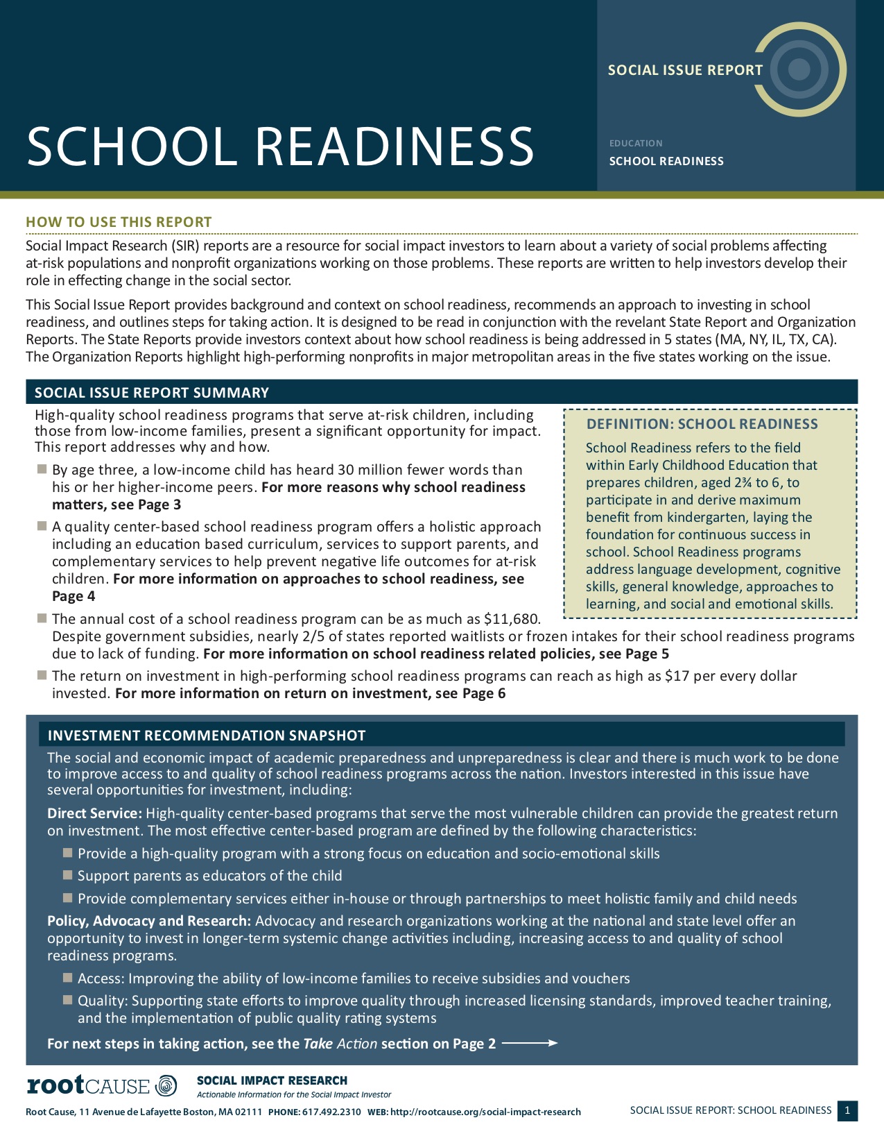 School Readiness: Social Issue Report
